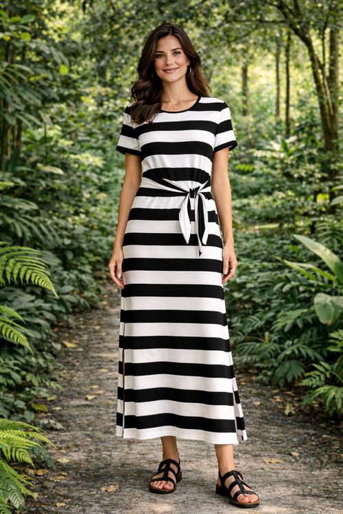 VESTIDO MIDI MOLETINHO LISTRAS PRETO